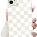 NITITOP Compatible with iPhone 12 Case Cute Aesthetic Checkerboard Checkered Pattern for Women Girl Trendy Slim Fit TPU Silicone Shockproof Full Camera Protection Cover - White