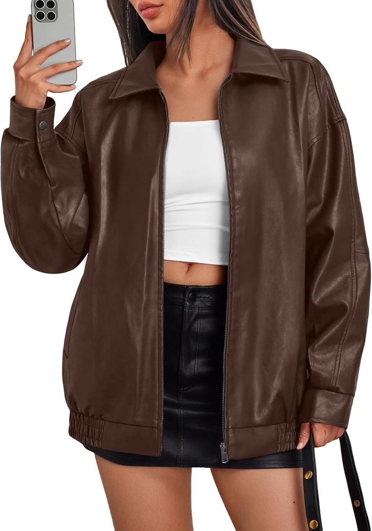 Trendy Queen Womens Leather Jacket, Oversized Going Out & Everyday Statement Piece, Bomber Jacktes Moto Coat (Brown, XS)