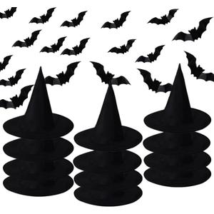 Orgrimmar 12 PCS Halloween Witch Hats with Hanging Pope, 32 3D PCS Bat Stickers for Halloween Party Decorations, Outdoor and Indoor Hanging Decorations