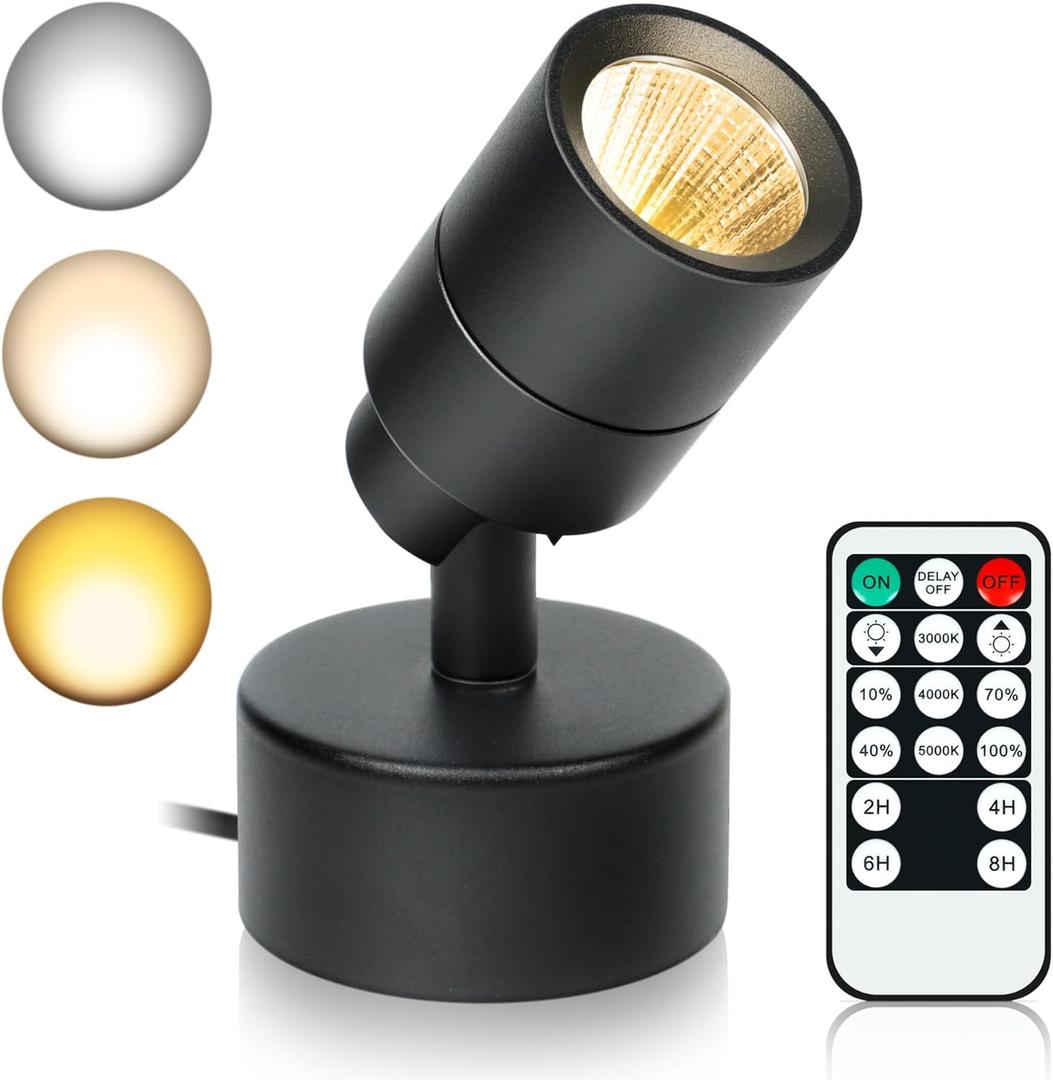 LED Spotlights Indoor, 5W Plants Uplighting with Remote Control Dimmable & Timer, Uplights Indoor Floor Spot Lights for Painting, Picture, Artwork, Accent Stick on Wall Light with 5.9 FT Plug Cord (1-pack, Black)
