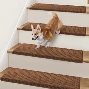 Bullnose Stair Treads Non Slip 9.5" x 32", 14 Pcs Carpet Stair Treads for Wooden Steps Indoor with Edge Protection, Reusable Peel and Stick TPU Backing Stair Runner Rugs - Lattice Pattern Brown