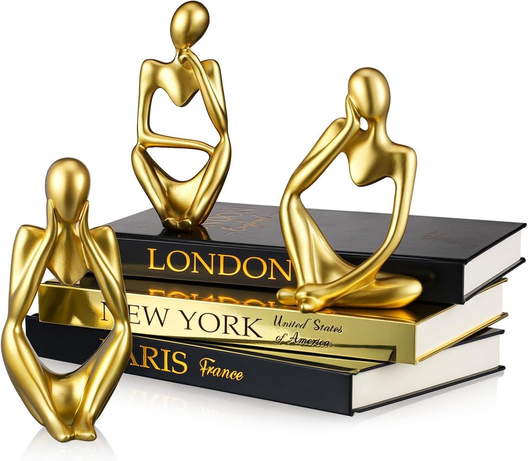 Feifeiya 6 Pcs Gold and Black Color Decorative Book & Thinker Statue Set - 3 Books Accents 3 Thinker Abstract Art Sculpture Home Decoration for Living Room Bookshelf Table Decor