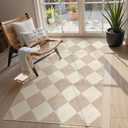 Beeiva Checkered Print 3x5 Washable Area Rug for Bedroom, Non Slip Ultra Thin Beige Entryway Rug Non Shedding Kitchen Rug 3x5, Modern Checkerboard Carpet Plaid Decor for Bathroom Office Nursery
