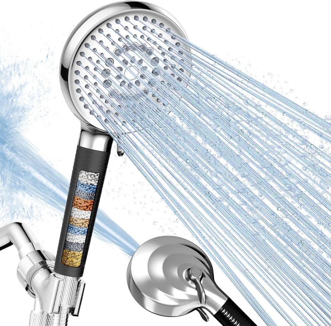 Filtered Shower Head with Handheld, High Pressure 9 Spray Setting Showerhead with Filters, Filter Hard Water with Hose, Remove Chlorine, Power Wash Clean Tub (Chrome & Black)