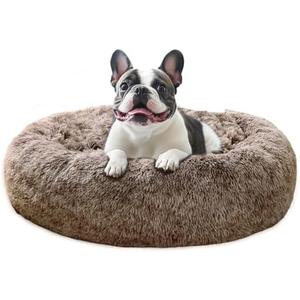 JOLLYVOGUE Calming Dog Bed Medium Size Dog, Anti-Anxiety Donut Medium Pet Bed, 27 inches Fluffy Faux Fur Round Cat Bed (Smoke Brown)