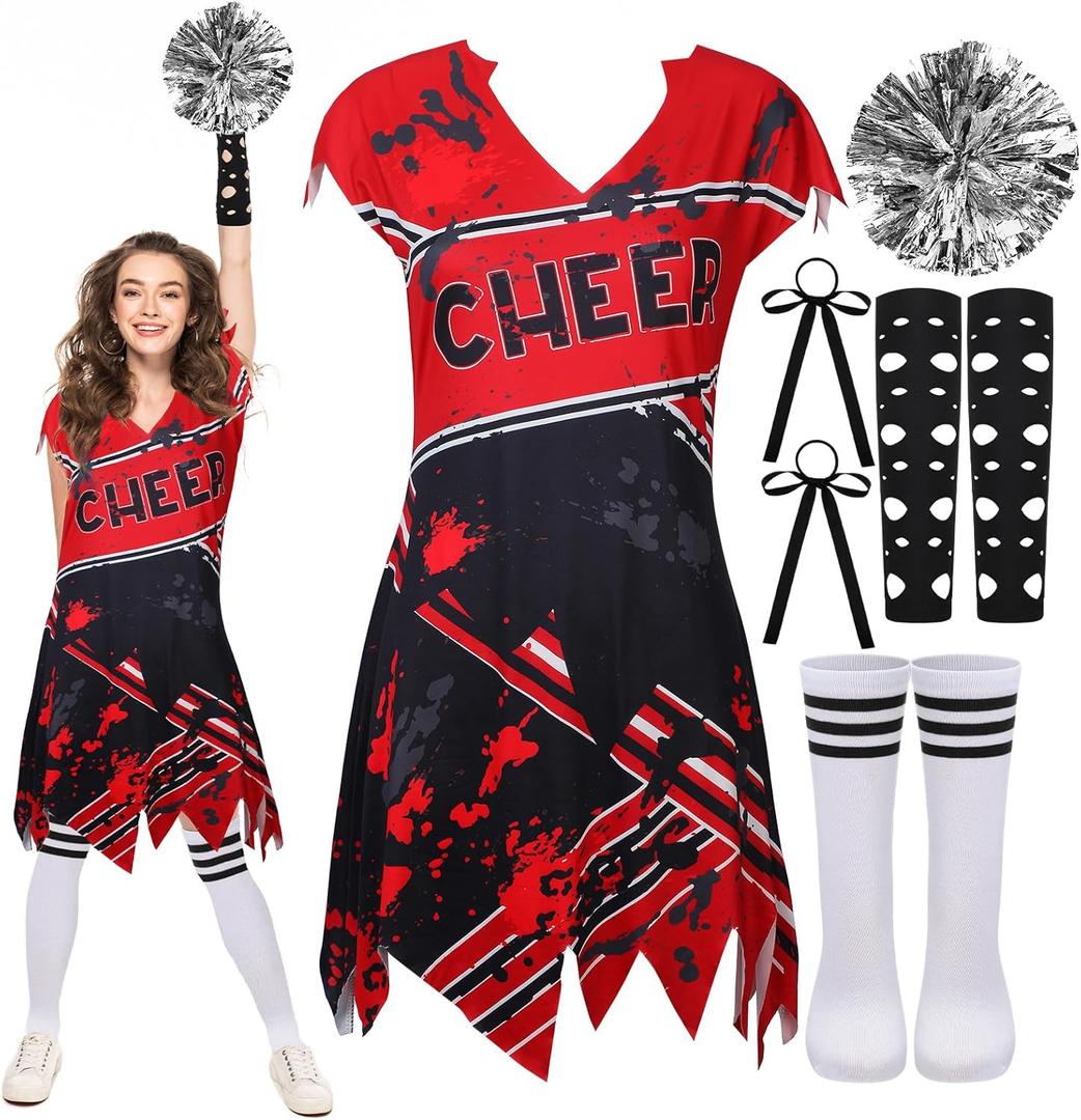 Mepase 7 Pcs Halloween Cheerleader Costume Zombie Cheerleader Dress Pom Poms Hair Bows Gloves Striped Socks for Women Girls (Adult, Medium)