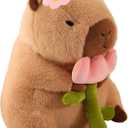 Capybara Plush Holding Flower 11 inch Cute Tulip Capibara Stuffed Animal Valentine's Day Plushies Toys Kawaii Gifts for Kids Brown