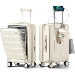 20 IN Carry On Luggage 22x14x9 Airline Approved - Front Pocket Hardside Travel Suitcase Unbreakable -with Cup Holder,Charging Port,Side Pothook, 360Spinner Wheels, TSA Lock-White