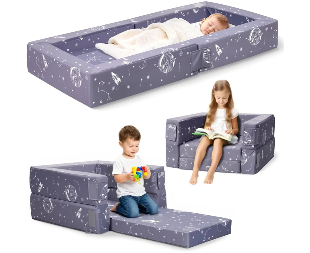 FRUITEAM 3-in-1 Portable Toddler Travel Bed, Flip Open Sofa Lounger with High-Density Foam for Camping & Indoor/Outdoor Use, Convertible Machine Washable Space Planet Galaxy Print Cover, Gray