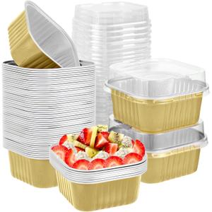 50 Pcs Aluminum Foil Mini Square Baking Cups with Lids,5oz Disposable Ramekins Cake Pans,Cupcake Baking Cups Containers for Bread Muffin Brownie Cheesecake,Gold