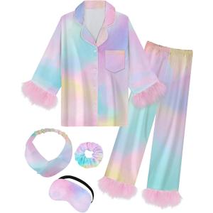 EPLAZA Kids Satin Pajamas for Girls Silk Pajamas Set 2-Piece Feather Long Sleeve Button Down PJs Set Sleepwear with Eye Mask (6-7 Years, Tie-dye Rainbow)