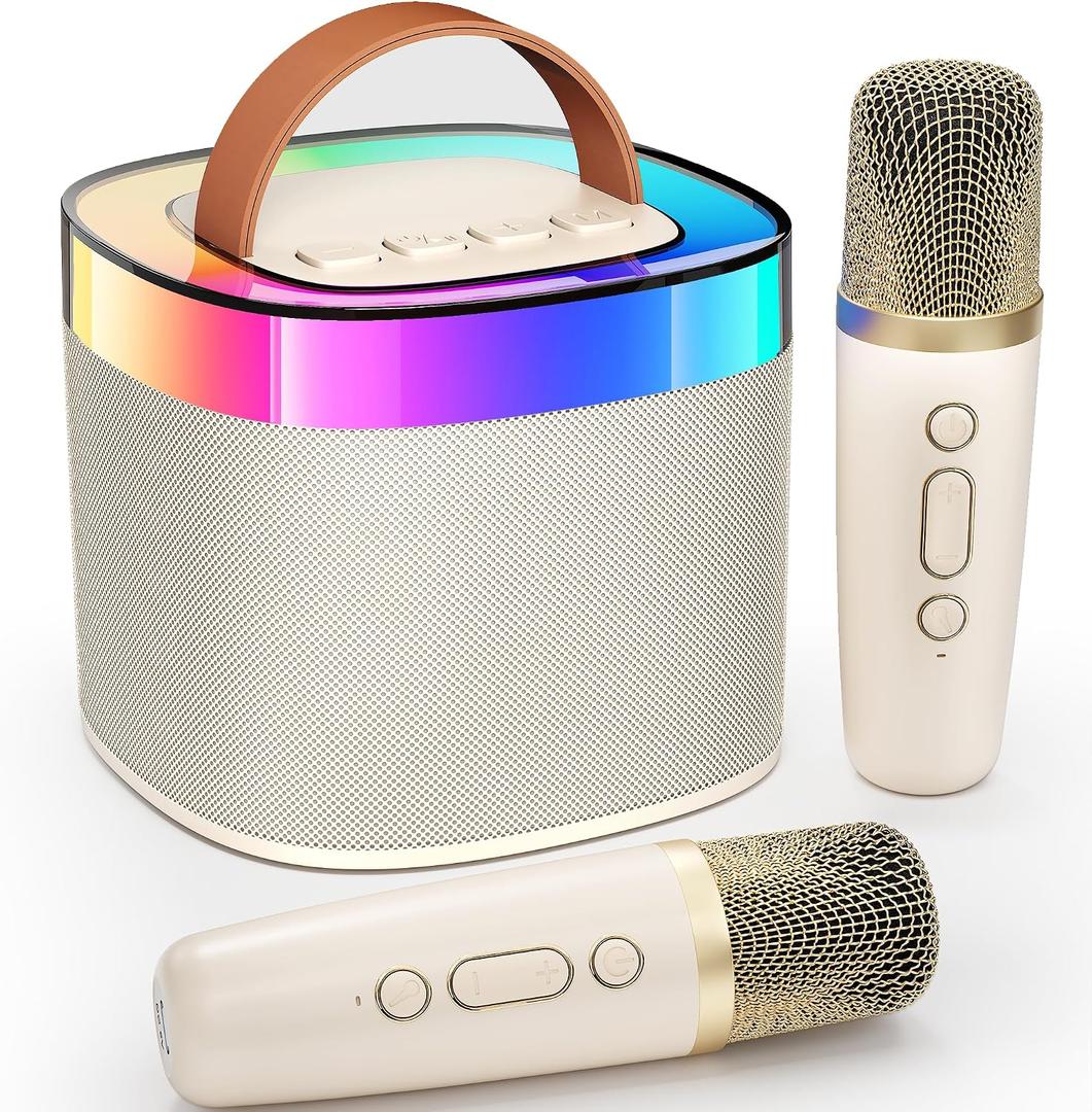 YLL Karaoke Machine for Adults Kids, Portable Bluetooth Karokee Speaker with 2 Wireless Microphones,Singing Karaoke Machine Built-in LED Lights for Birthday Gifts, Family Home Party(Beige)