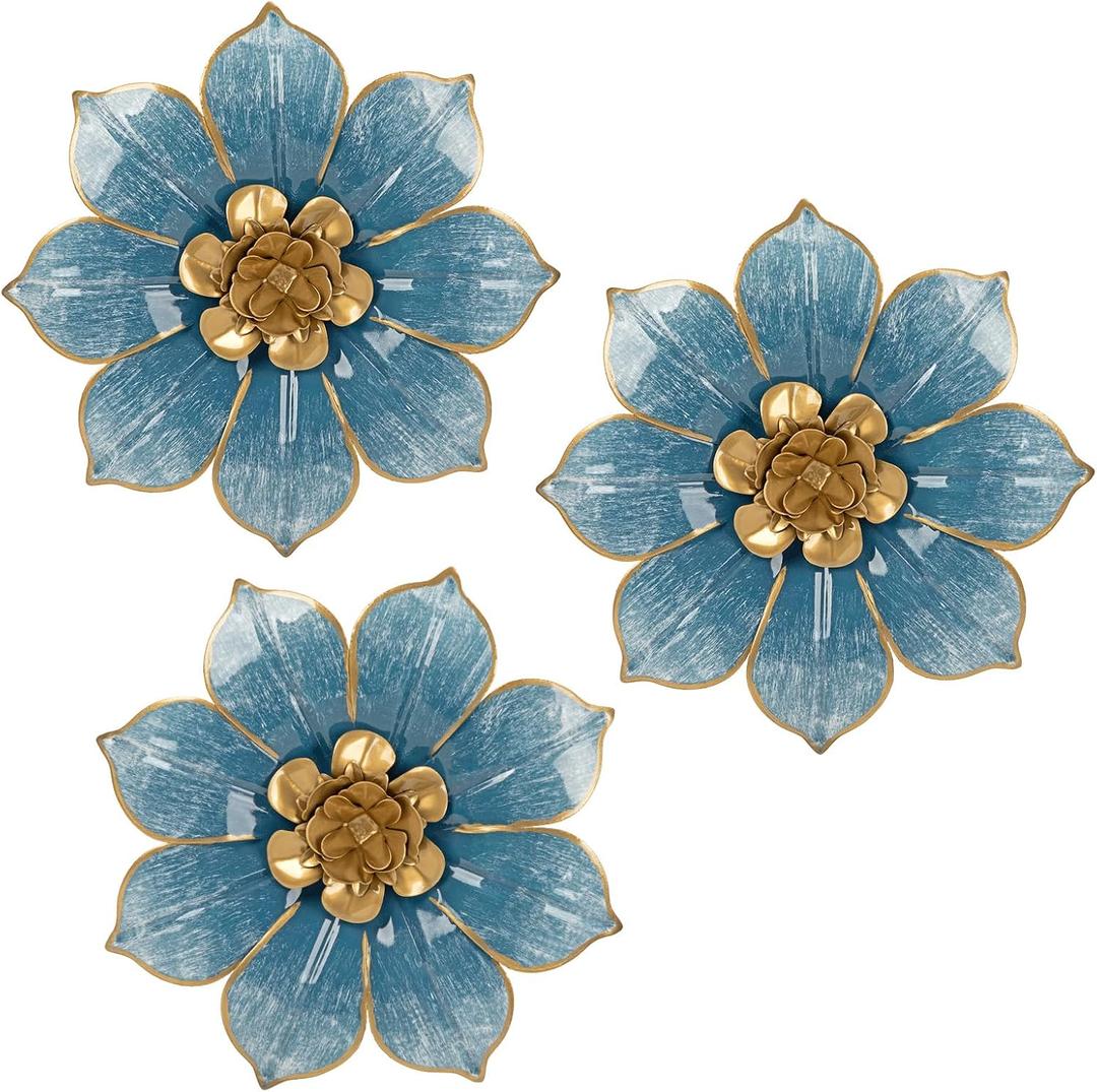 Metal Flowers Wall Decor Blue and Gold Wall Art Hanging Decorations 3 Pc Rustic Modern Floral Sculpture Wall Accent Artwork Indoor Outdoor for Bathroom Bedroom Living Room Garden Patio Porch 10 Inch