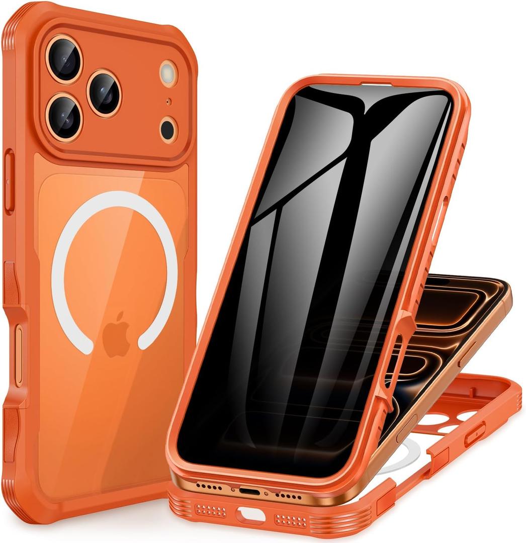 CENHUFO Magnetic Privacy for iPhone 17 Pro Max Case [Compatible with Magsafe] Full Body Phone Case Built-in 9H Tempered Glass Privacy Screen Protector, Camera Protection Shockproof Cover - Orange