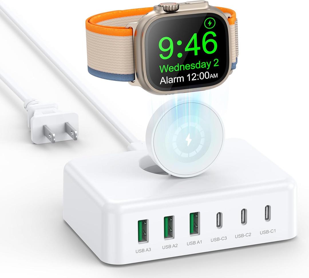 125W USB C Fast Charger Charging Station Block for Apple Watch Charger, USB C 6 Port PD GaN Fast Charger Hub Power Adapter for iPad iPhone 17 16 15 14 13 Apple Watch 10 9 8 7 6 5 Galaxy S23 Note 20