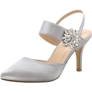 ERIJUNOR Mid Heel Shoes for Women Pointed Toe Slingback Rhinestone Brooch Satin Dress Pumps Evening Prom Wedding Shoes (10, Silver)