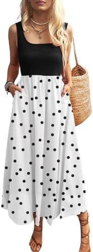 Mieazom Women's Maxi Dress Summer Sleeveless Swing Sundress Casual Loose Tank Long Dresses with Pockets, Small