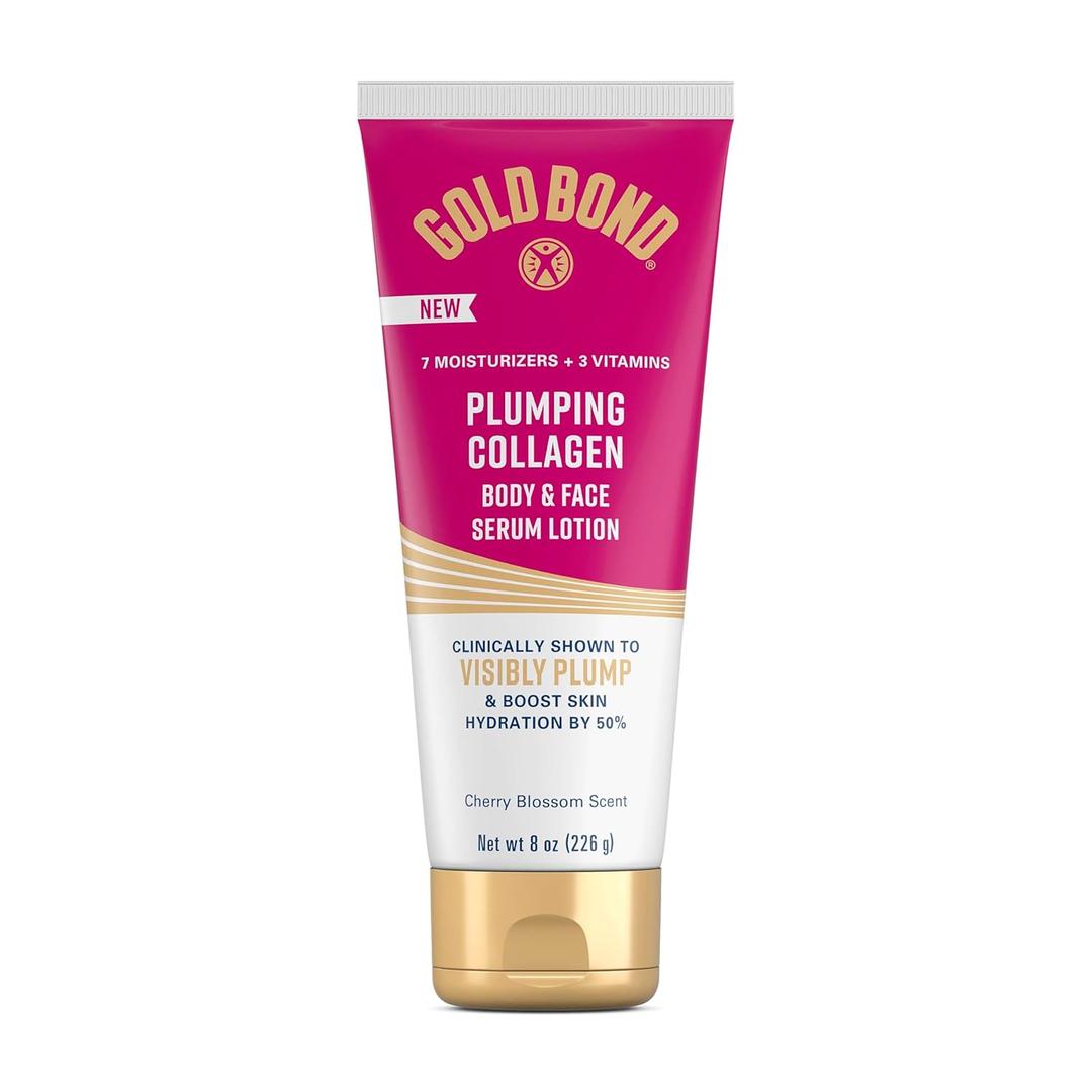 Gold Bond Plumping Collagen Body & Face Serum Lotion, Lightweight Hydrating Moisturizer with Collagen Peptide Complex, Jojoba and Grapeseed Oils to Visibly Plump Skin, Cherry Blossom Scent, 8 oz (8 Ounce (Pack of 1))
