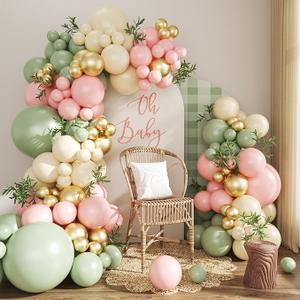 Dusty Green Purple Pastel Pink Balloon Arch Garland Kit 124Pcs Double Stuffed Light Green Sage Green Purple Yellow Macaron Pink Balloons for Wildflower Baby Shower Wedding Birthday Party Decorations