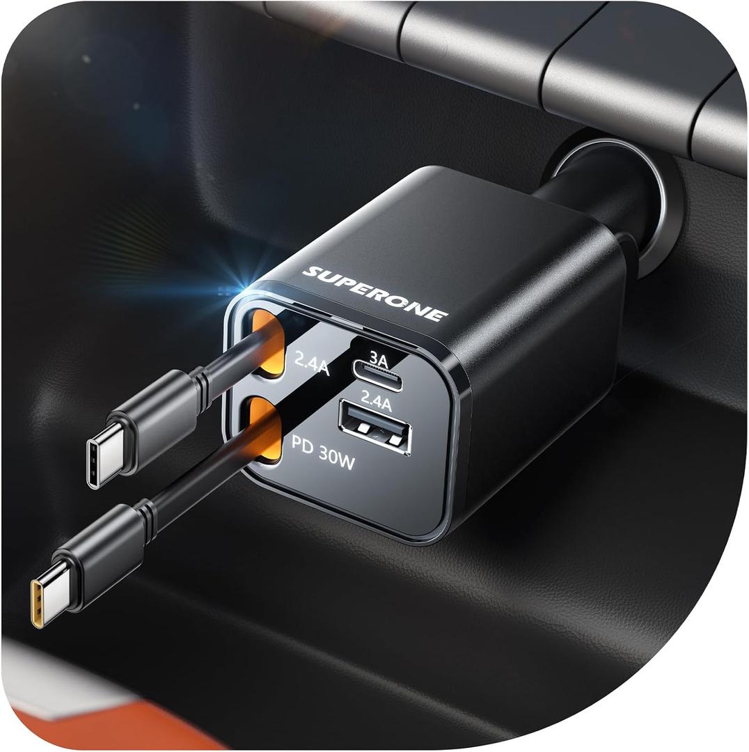 SUPERONE Retractable Car Charger, 69W Car Charger USB C Fast Charging with Dual Type C Cables, Car Accessories Charger Adapter Compatible with iPhone 17/16/15/14/13/12 Series, iPad, Galaxy, Pixel