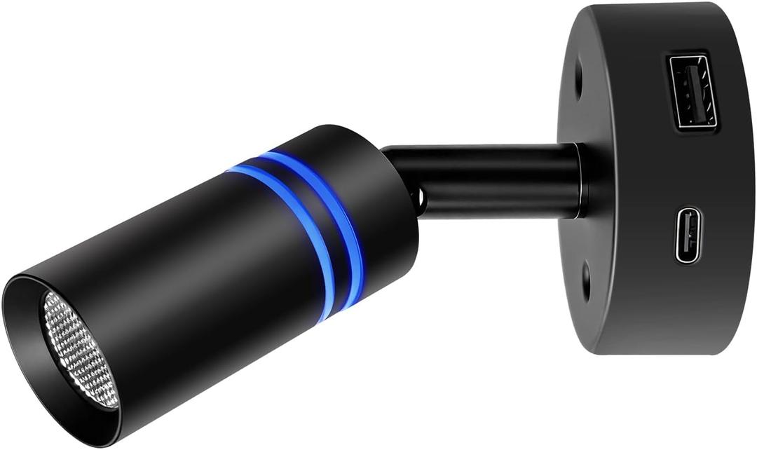 THALASSA Black RV Reading Light with USB-C Charger and USB Port, Dimmable Warm White Camper Van Bedside Lamp with Blue Night Light Mode for Motorhome, Camper, Truck, Marine