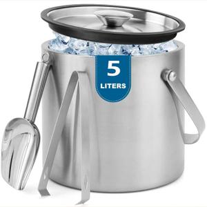 Ice Bucket, 5L Double Wall Insulated Ice Bucket with Lid, Scoop, Tongs- Inner Layer 304 Stainless Steel Ice Container Keep Ice Frozen Longer- Ideal for Cocktail Bar, Parties (5L)