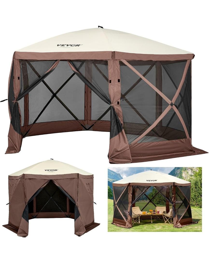 VEVOR Pop Up Gazebo Screen Tent, Pop-Up Instant Gazebo Tents with Mosquito Netting Outdoor Canopy, 6 Sided Sun Shelter 10x10ft with 6 Removable Wind Cloths & 2 Mesh Windows, Pavilion Tent for Patio