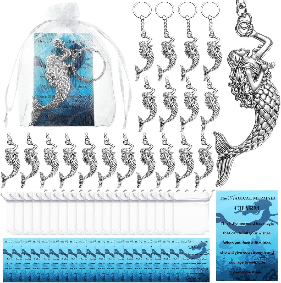 Quelay 20 Set The Magical Mermaid Keychain Gifts for Women Mermaid Keychain Party Favors Gift Bulk with Inspirational Positive Card Organza Bags for Women Themed Party Supplies
