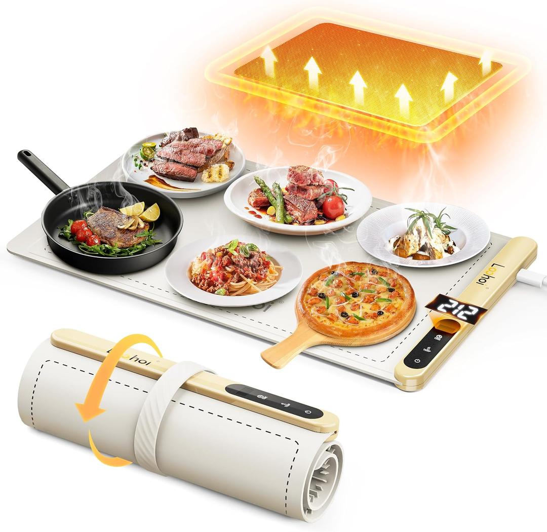 Food Warming Mat,Full Surface Heating Electric Warming Tray with 6 Temperature Settings & Fast Heating, Silicone Roll Up Food Heating Mat Food Warmers for Parties Gatherings Everyday Use (Cream)