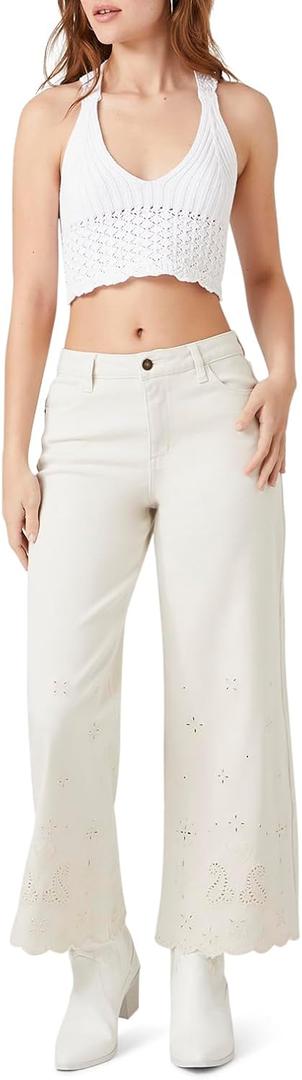 Forever 21 Women's Eyelet Wide-Leg Jeans (30, Vanilla)