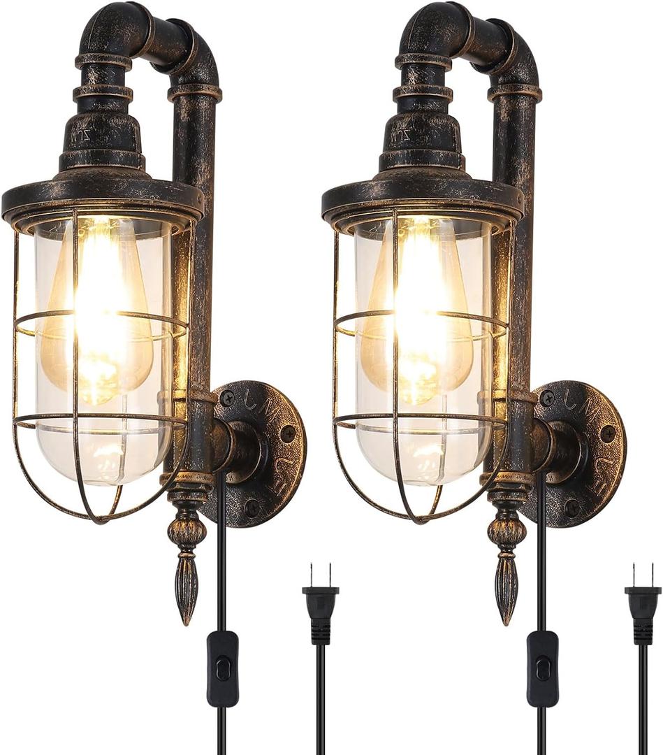 Industrial Plug in Wall Sconce E26 Edison Antique Wall Lights with 5.9Ft Plug in Cord On Off Switch Rustic Wall Sconces Lighting Fixture for Headboard Bedroom Porch Hallway, 2 Pack