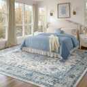 RELEANY Area Rugs 9'x12' Washable Non-Slip, Floral Vintage Distress Print Pattern Medallion Carpet for Living Room Bedroom Dining Room, Light Blue Navy Beige Gray White