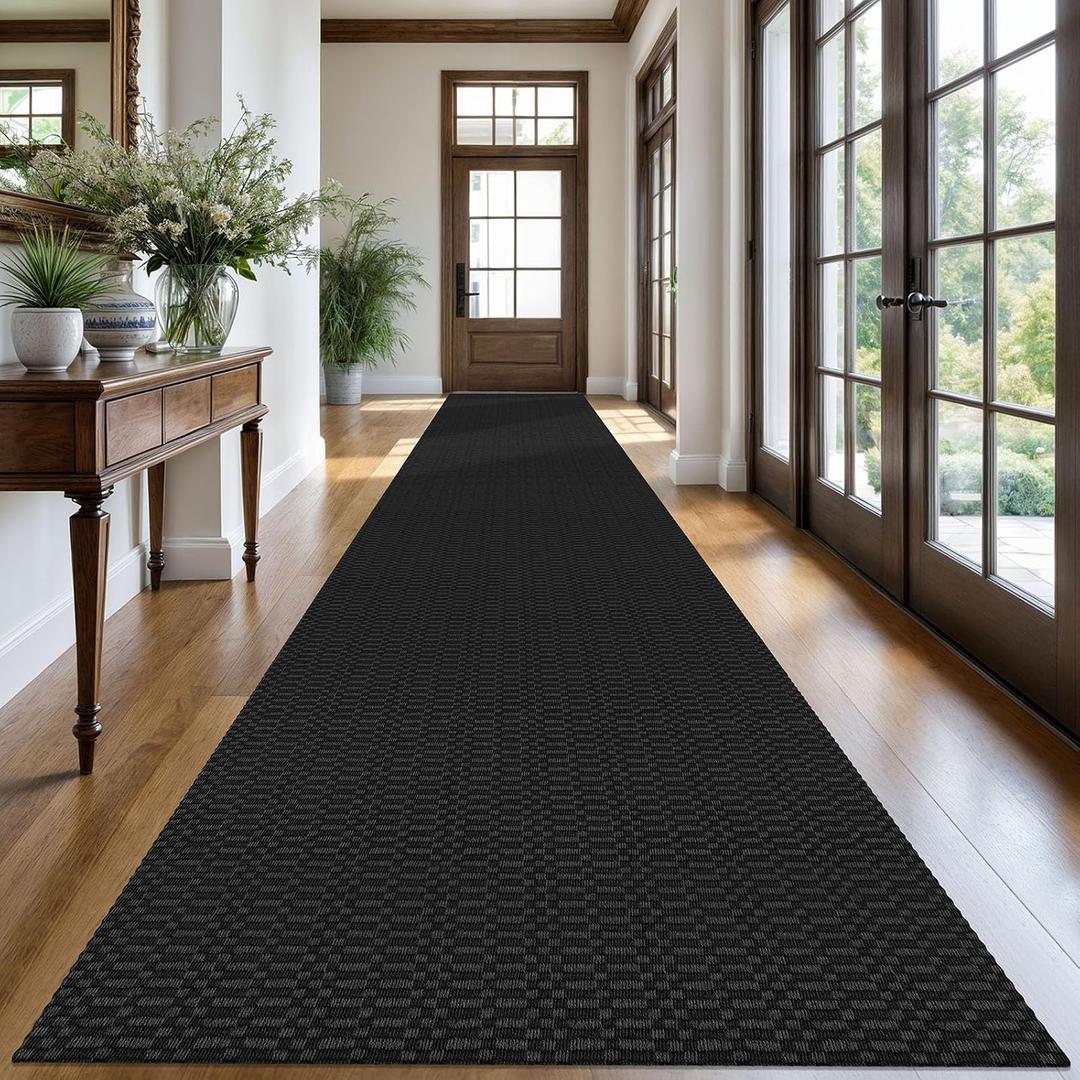KOZYFLY 3x20 Long Runner Rug, Washable Non Slip Hallway Rug, Black/Grey | Long braided cotton carpet runner with rubber backing for hallways, kitchens, entryways and high-traffic indoor floors