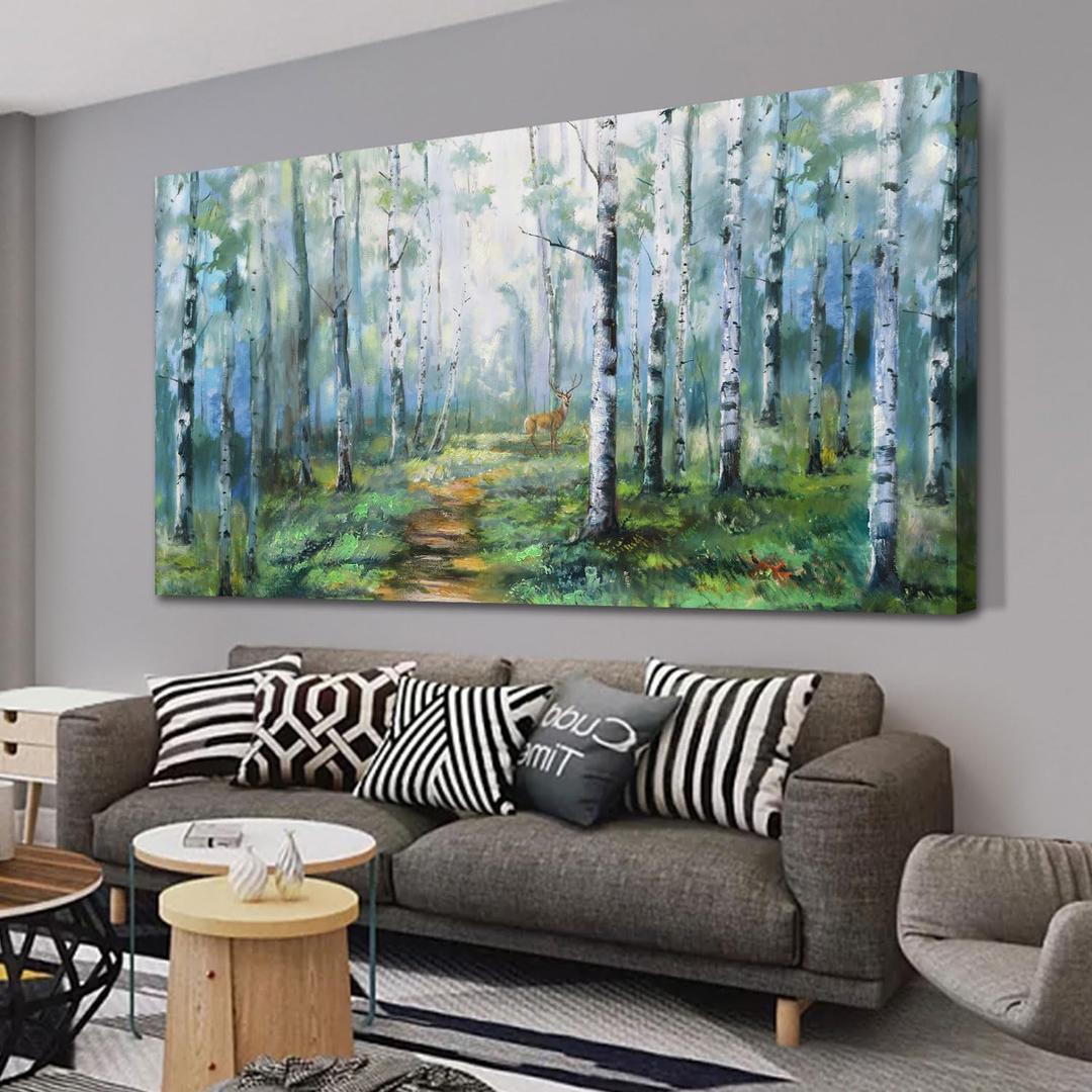 Enartly Landscape Wall Art Large Living Room Bedroom Wall Decor White Birch Tree Canvas Green Forest Painting Nature Picture Scenery Artwork Textured Framed for Bathroom Home Office Decoration 40"x20"