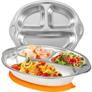 Stainless Steel Baby Suction Plates: Divided Plates for Babies & Toddlers, BPA-Free, Dishwasher Safe, Orange