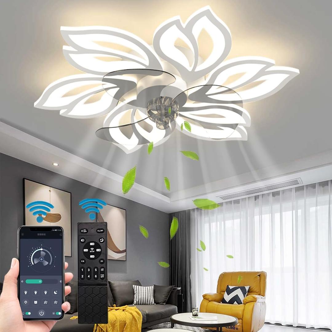 25.6" Bladeless Ceiling Fan with Lights Remote Control, Modern Low Profile Ceiling Fans with Lights Flush Mount, Dimmable 3 Color 6 Speeds LED Fan Lamp Indoor for Bedroom, Living Room -White
