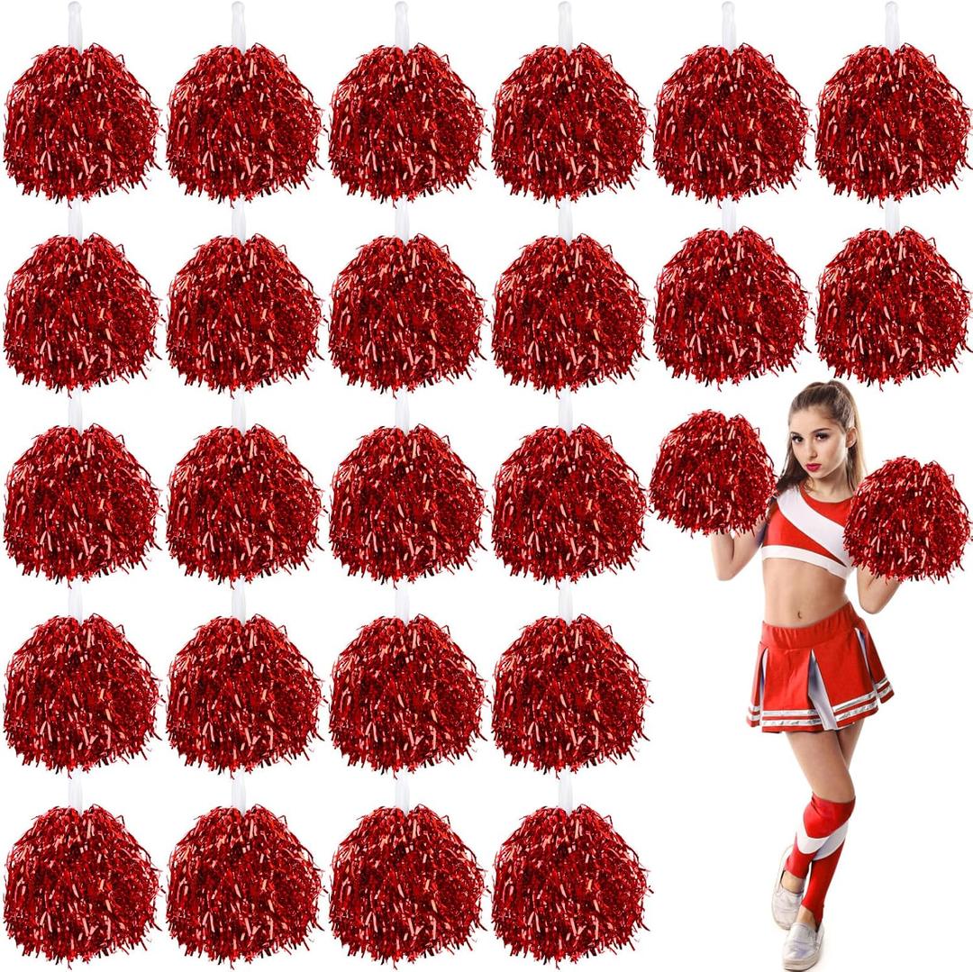 VAIPI 24 PCS Pom Poms Cheerleading Metallic Foil Cheer Pompoms with Plastic Handle for Cheerleader Squad Spirit Sports Tournament, Cheering Party,Homecoming Game,Pep Rally,Parade (Red)