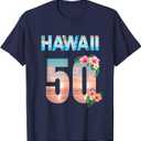 Hawaii 50th Birthday Hawaiian Aloha Beach Hibiscus T-Shirt, M 