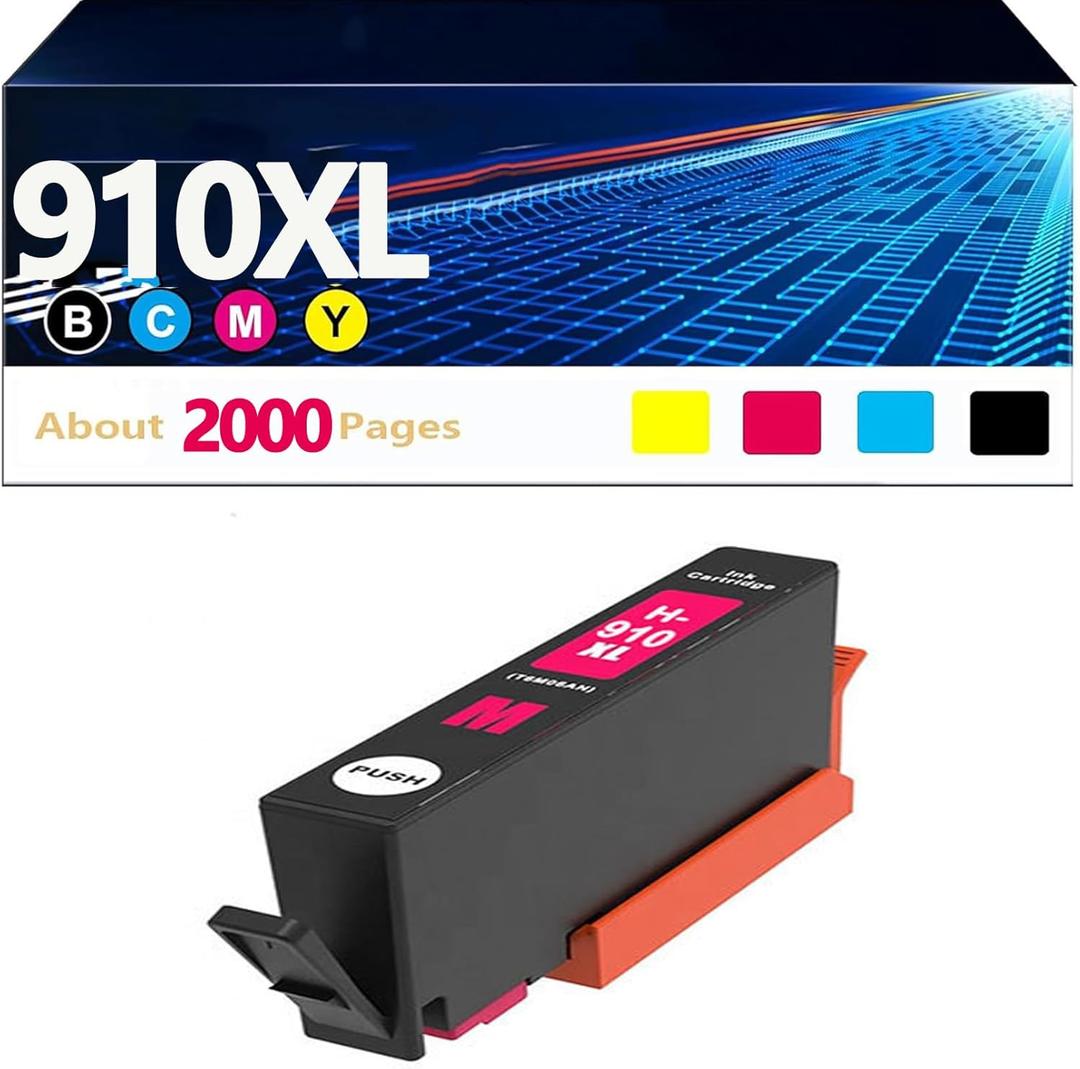 910XL High Yield Ink Cartridges Combo Pack (Black/Cyan/Magenta/Yellow 4Pack) Compatible for HP 910XL HP910 HP910XL Replacement for Office Jet Pro 8020 8025 8028 8010 OfficeJet 8015 8022 Printers