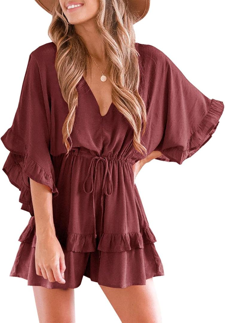 Valphsio Womens V Neck Beach Romper Ruffle Layered Drawstring Waisted Shorts Jumpsuit (Large, Bean Paste)