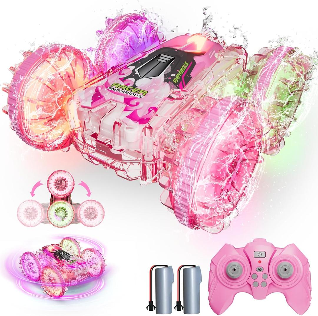 Amphibious Remote Control Car for Water or Land Play, RC Car for Kids Girls with LED Lights 4WD Stunt Car Pink Pool Toys with 70/36Minutes Play 2Batteries,360Rotation,180Flip,2.4GHz Remote
