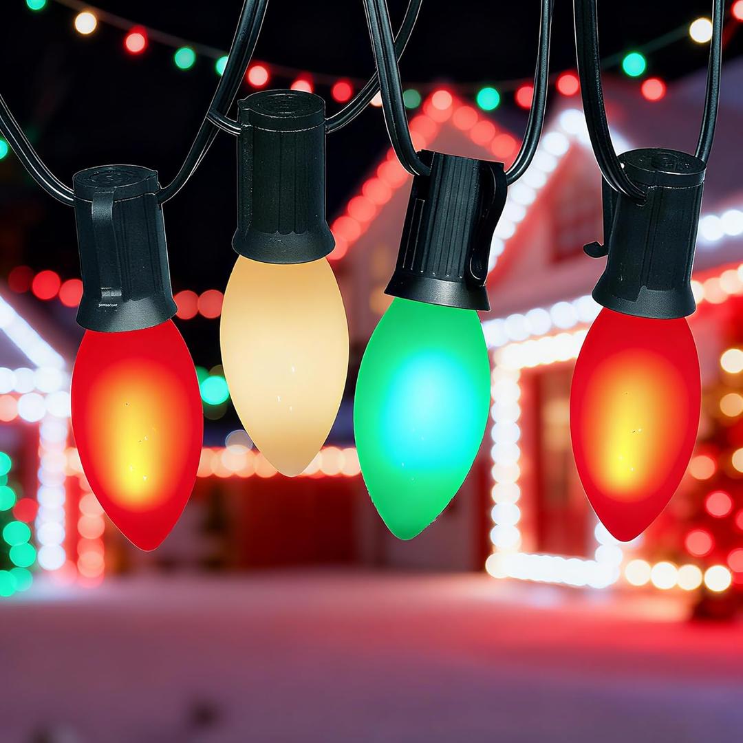 Abeja C9 LED Christmas Lights Outdoor, 25 Ft C9 Vintage String Lights with 26 Shatterproof Multicolor LED Bulbs, Connectable Multicolor Lights for Holiday Party Roofline Garden Patio, Red/Green/White