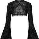 GORGLITTER Women's Lace Bell Long Sleeve Goth Tops Poncho Y2k Mock NeckLightweight Bolero Shrugs Cardigan for Dress Black, X-Large