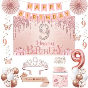9th Birthday Decorations for Girls,32PCS 9 year old Birthday Party Decorations,Including Backdrop, Crown, Sash, banner, Hanging Swirl,Cake Topper,Paper Fans,balloons and Anniversary Card