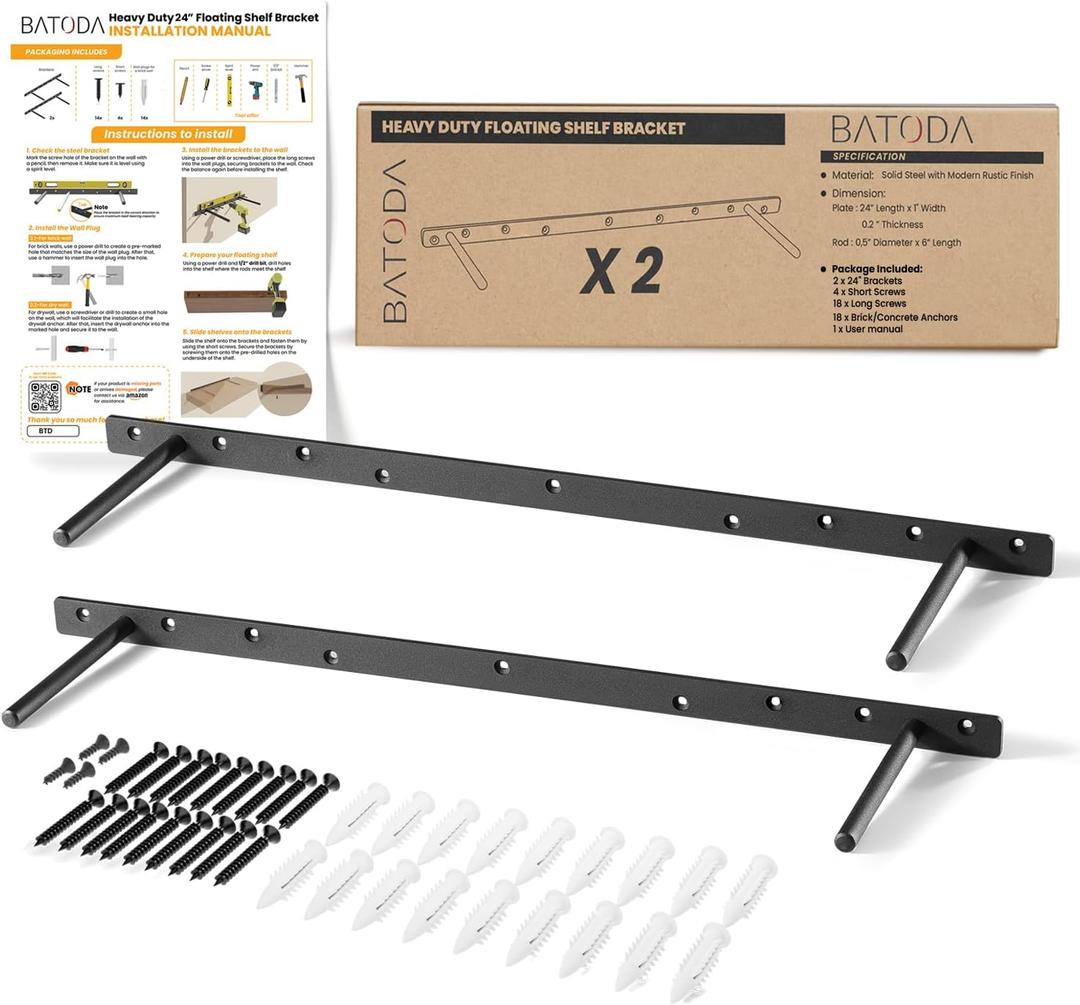 BATODA 24" Heavy Duty Floating Shelf Bracket (2 pcs)  Solid Steel Blind Shelf Supports - Hidden Brackets for Floating Wood Shelves - Blind Shelf Support - Shelving Mounting Hardware Included(Pack 2) (24 Inch Length)