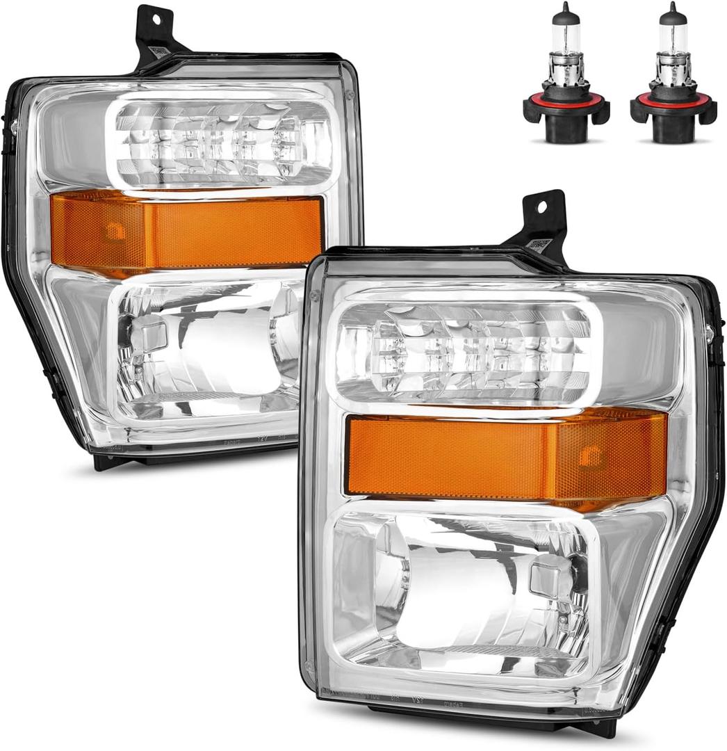 Halogen Headlights Assembly for 2008 2009 2010 Ford F250 F350 F450 F550 Super Duty Headlamp Replacement, High/Low Beam W/Bulbs, Driver&Passenger Side