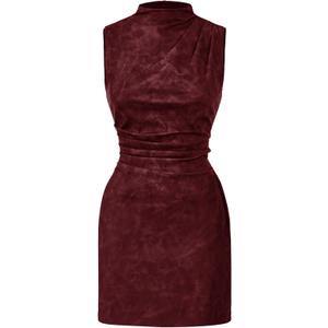 Women's PU Leather Ruched Bodycon Dresses Mock Neck Sleeveless Zipper Mini Tank Dress (Large, Burgundy)