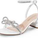 DREAM PAIRS Women's Double Bowknots Crystal Sandals Low Chunky Heels Clear Slingback Dress Shoes for Wedding Bridal Party (White) 7.5