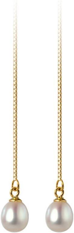 Waterdrop Pearl Sterling Silver Threader Earrings for Women Elegant Shell Pearl Long Tassel Chain Dangle Drop Statement Earring Studs Ear Line Dainty Jewelry Gifts Hypoallergenic (Yellow Gold)