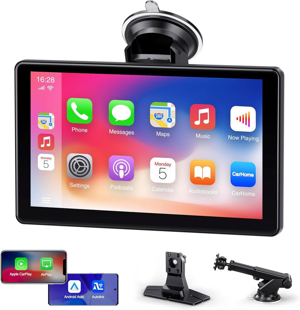 Apple Carplay Screen - Wireless Apple Carplay & Android Auto with 9" Touchscreen, Portable Car Audio Receiver with Voice Control, Bluetooth, FM